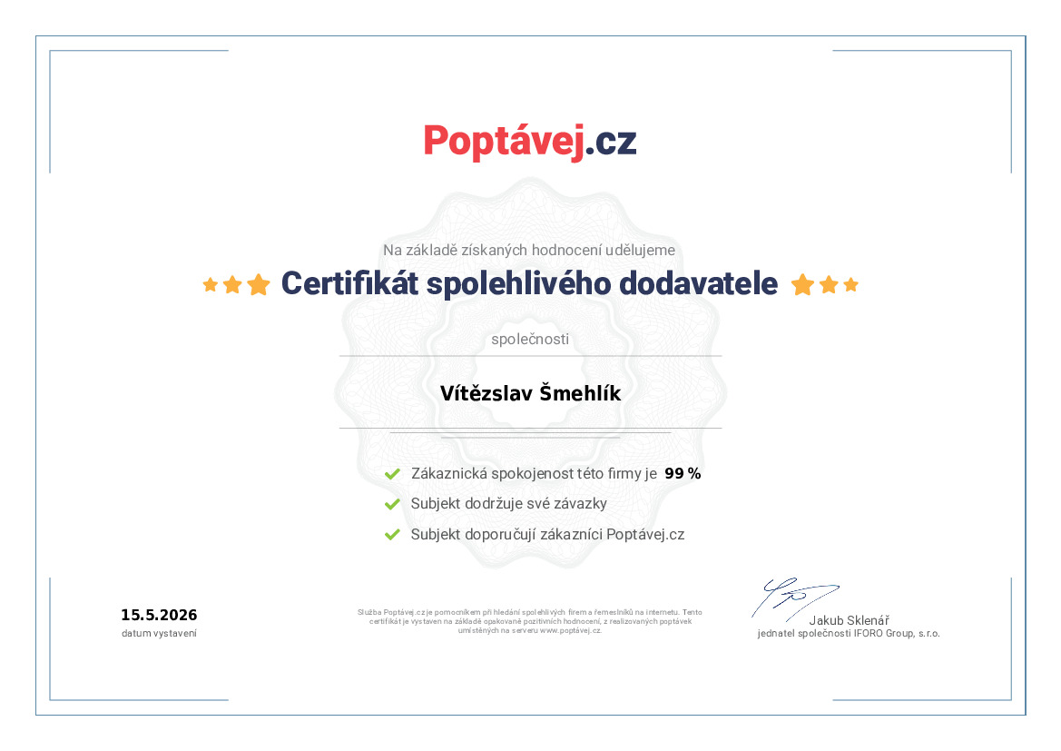 Certifikát spolehlivého dodavatele od Poptávej.cz, vystavený 15. 5. 2026 firmě Vítězslav Šmehlík