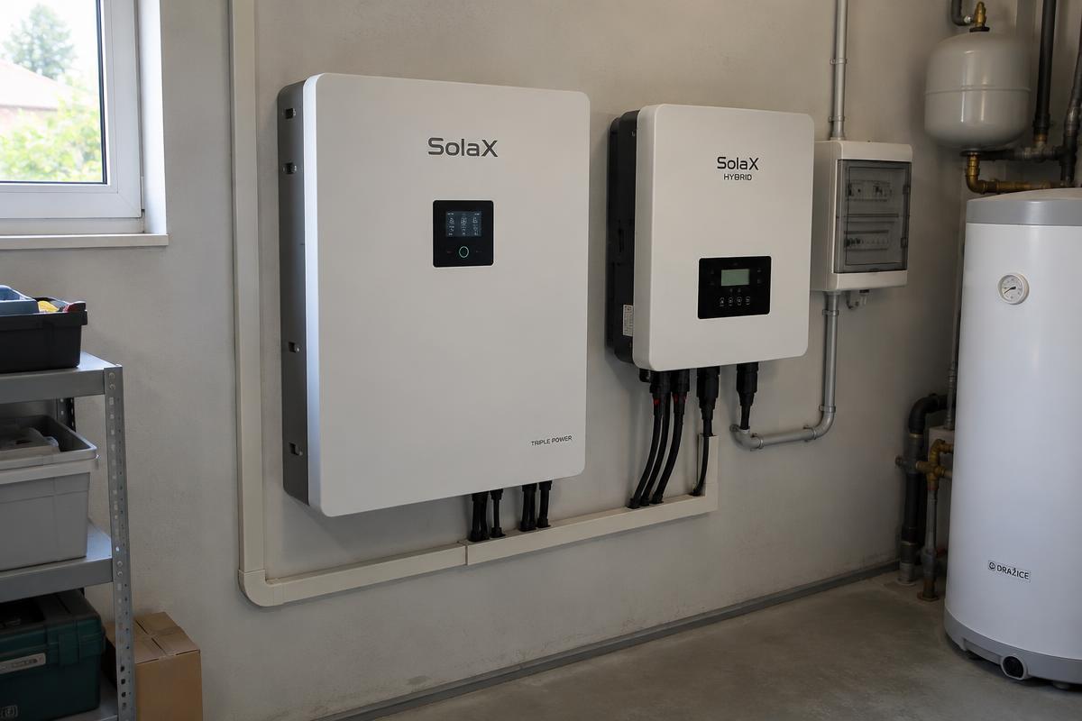 Nástěnné bateriové úložiště Solax a střídač Solax Hybrid v technické místnosti